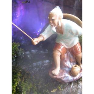 陶瓷钓鱼翁姜大公摆件假山盆景水族鱼缸上水石头流水喷泉装饰摆件