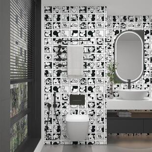 卡通黑白漫画 画自粘壁纸化妆室贴画 画瓷砖贴纸纸防水浴室洗手间