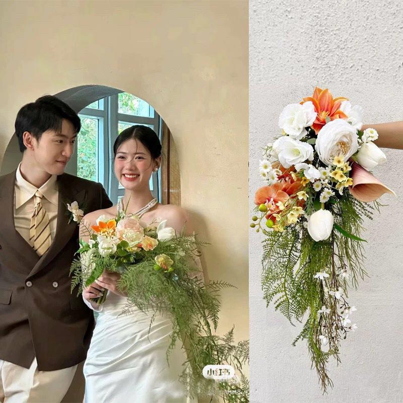 森系旅拍园林风婚纱摄影道具美学拍照婚礼瀑布水滴仿真新娘手捧花