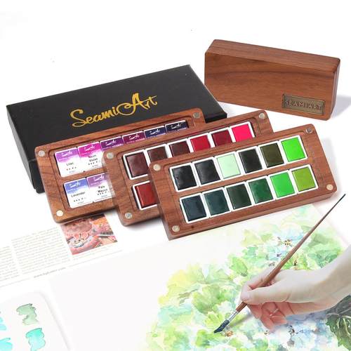 西米美术专业级12色固体水彩颜料胡桃木礼盒装2ml艺术家半块三色