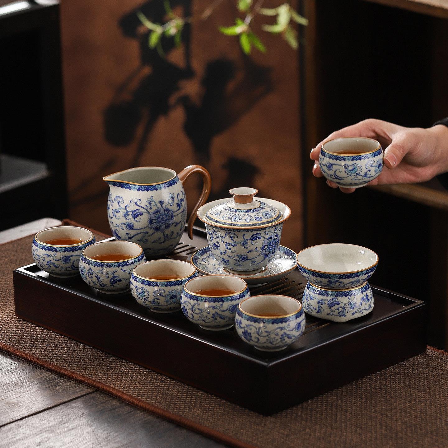 青花汝窑茶具套装家用高档陶瓷功夫茶壶盖碗茶杯一整套办公室待客