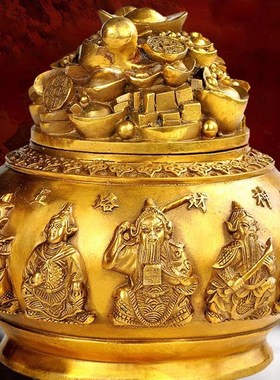 纯铜带盖聚宝盆摆件五路财神聚宝盆大小号家居客厅办公室店铺装饰