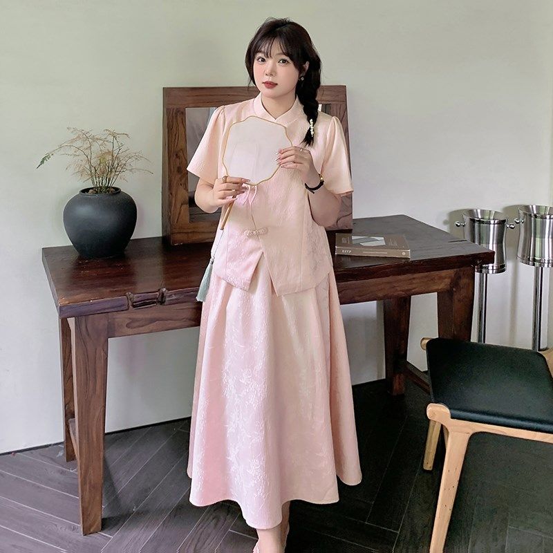 夏季新品大码女装胖mm时尚新中式国风提花旗袍上衣半身裙套装女