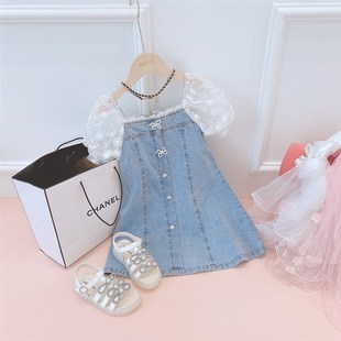 女宝宝泡泡袖 新款 公主连衣裙子潮 蕾丝花边牛仔裙2021夏季 女童短袖