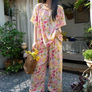 人造棉遛弯套装 家居服薄款 阔腿裤 公主风睡衣女夏棉绸卡通可爱短袖