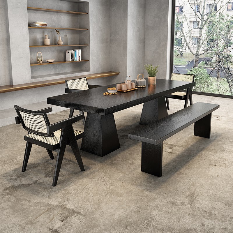侘寂风黑实木碳化茶桌简约原木大板客厅家用泡茶桌长方形桌椅组合