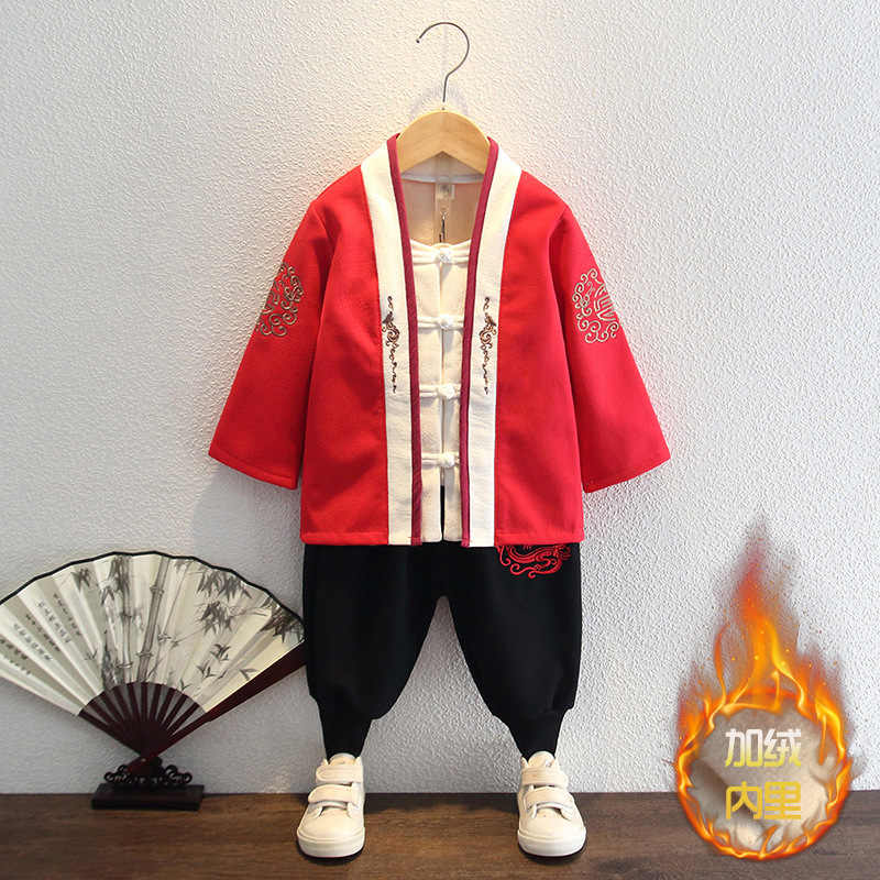 宝宝拜年服中国j风冬装红色小男孩周岁唐装加绒两件套儿童汉服男