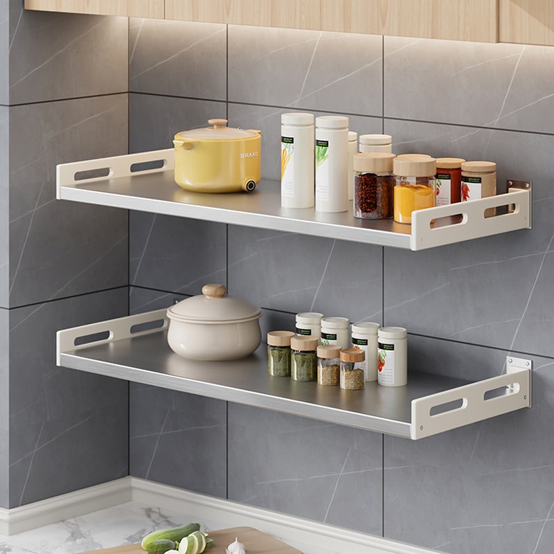 厨房置物架壁挂式微波炉收纳架子白色不锈钢免打孔墙上调料品搁板