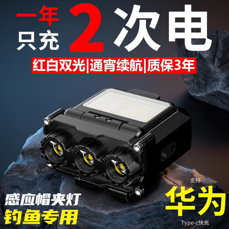 头灯钓鱼专用2024新款强光超亮充电头戴式感应帽夹灯夜钓泛光赶海