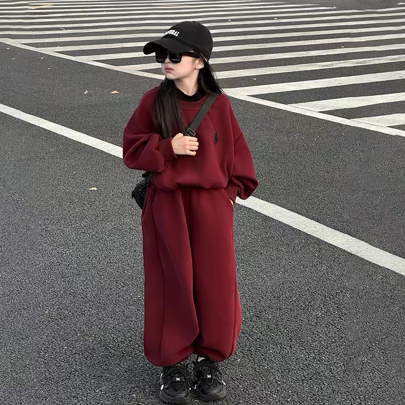 女童加绒卫衣套装秋l冬2025新款儿童运动冬装女孩大童红色过年衣
