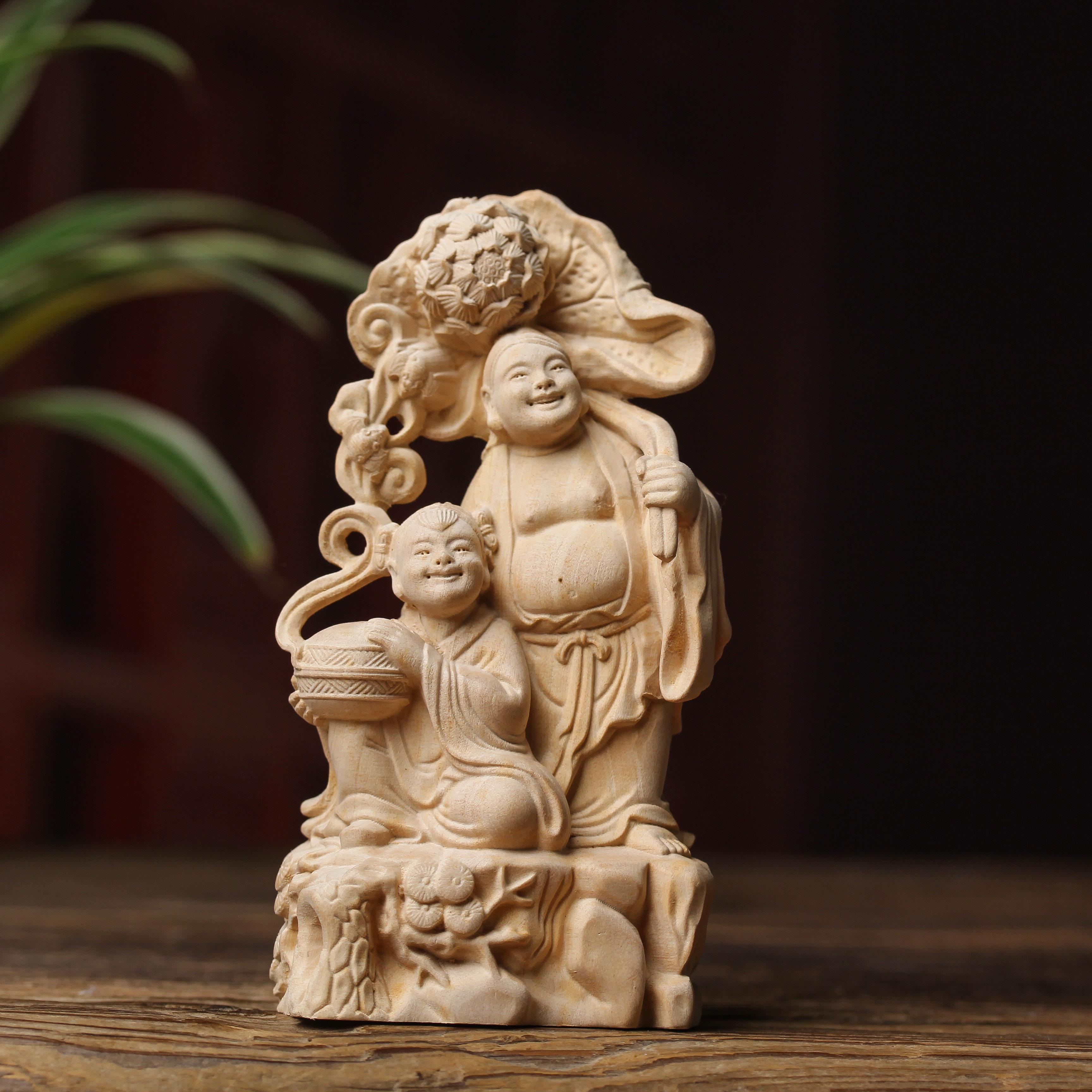 黄杨木雕刻合二仙摆件合和仙手把件家居客厅装饰品人物佛像工艺品