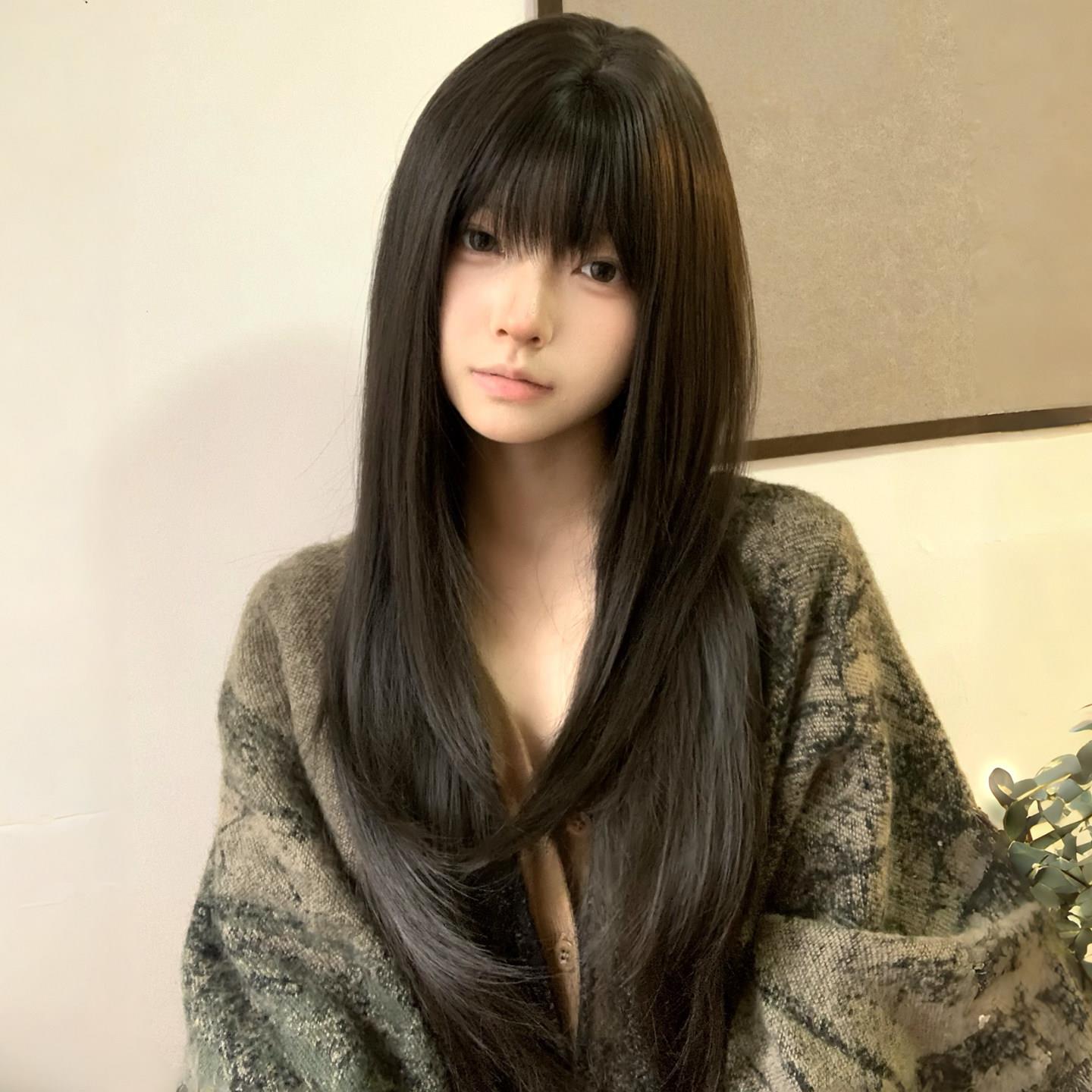 高层次感假发女长发长直发日常自然齐浏海逼真日系jk光头全头套式