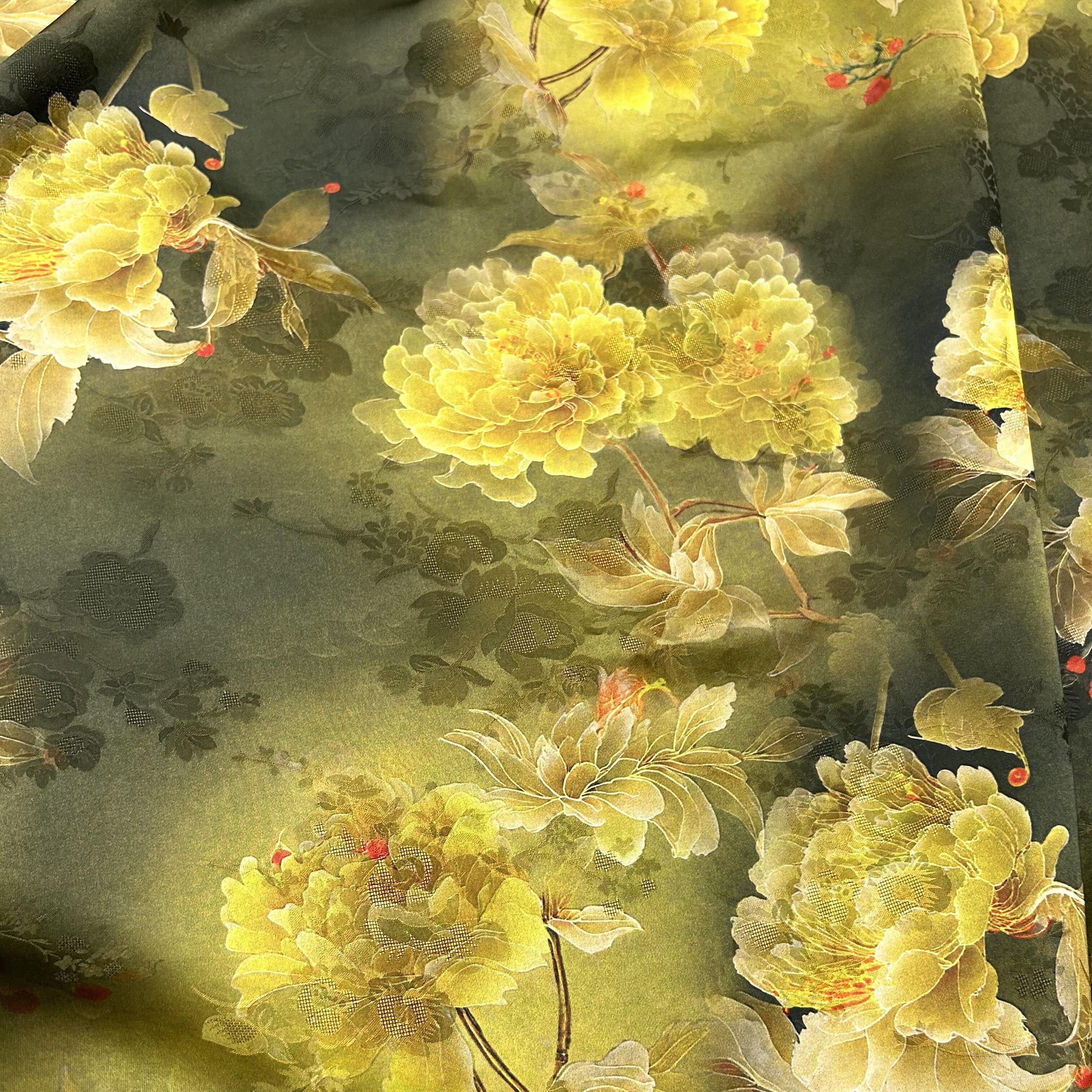 【黄花牡丹】全人丝过薯莨香云纱布料花萝提花旗袍裙子服装面料