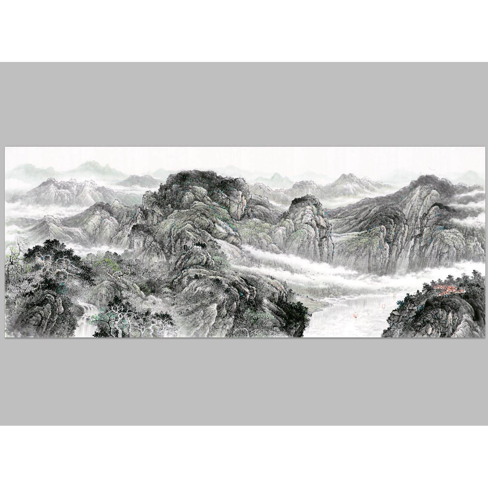 玄关江山多娇风水宝地招财靠山国画山水装饰画芯高清宣纸微喷打印