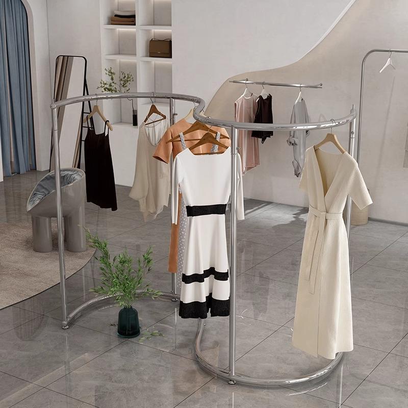 不锈钢弧形中岛架服装店展示架落地式货架陈列道具挂衣杆S形设计