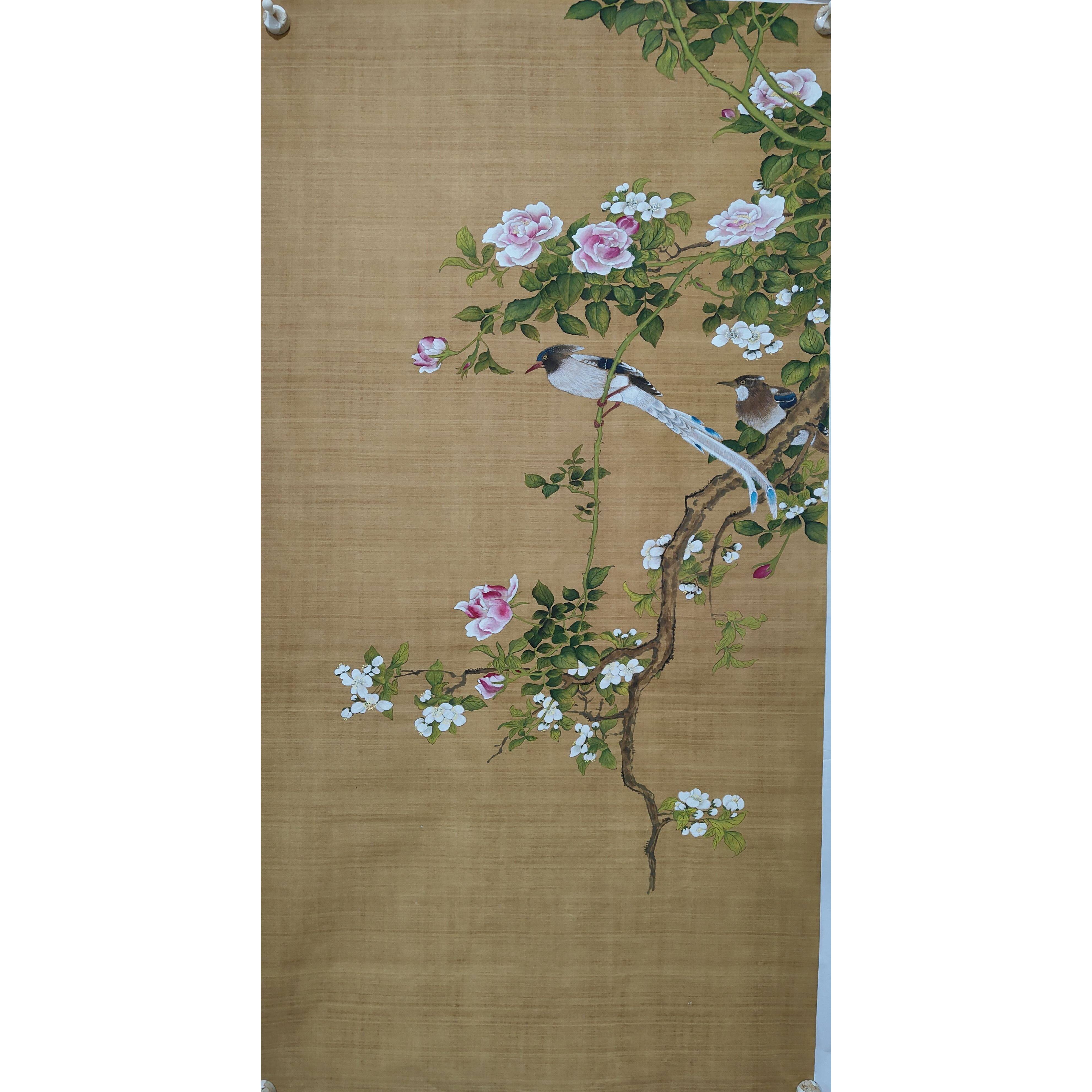 国画工笔花鸟画手绘仿古画壁画玄关客厅装饰送礼尺寸50*100可定制