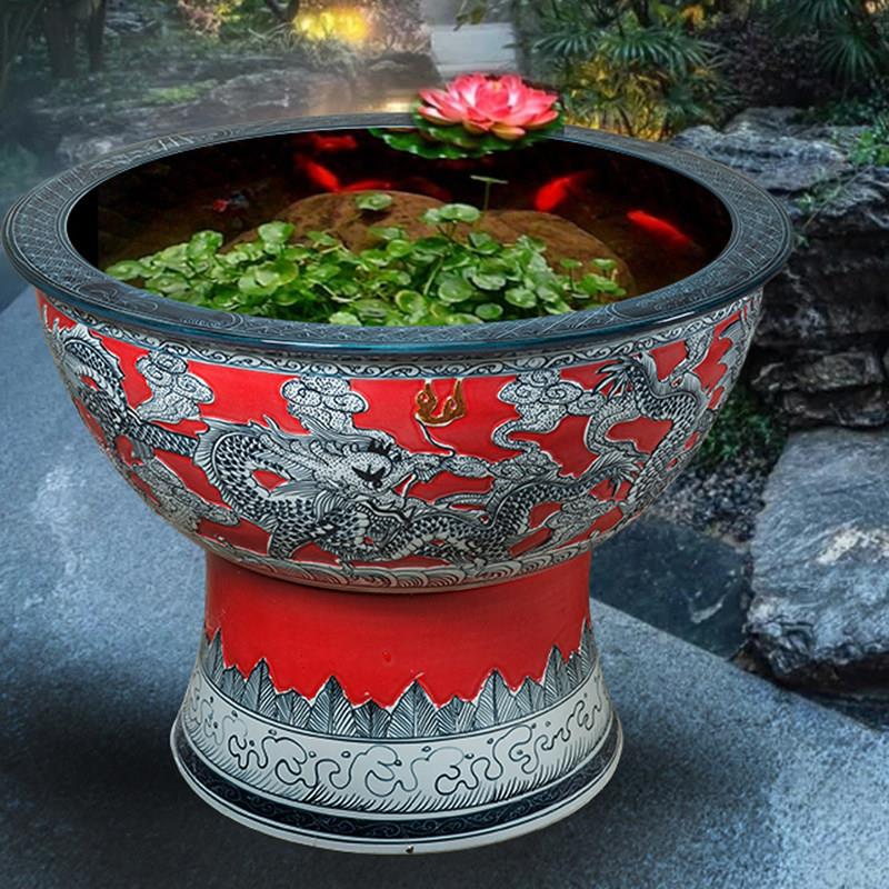 景德镇陶瓷金鱼缸带瓷底座花盆柱式龟缸睡莲碗莲花盆庭院装饰品