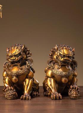 《宫门狮》铜金岁月黄铜狮子摆件新中式工艺品客厅玄关桌面装饰品