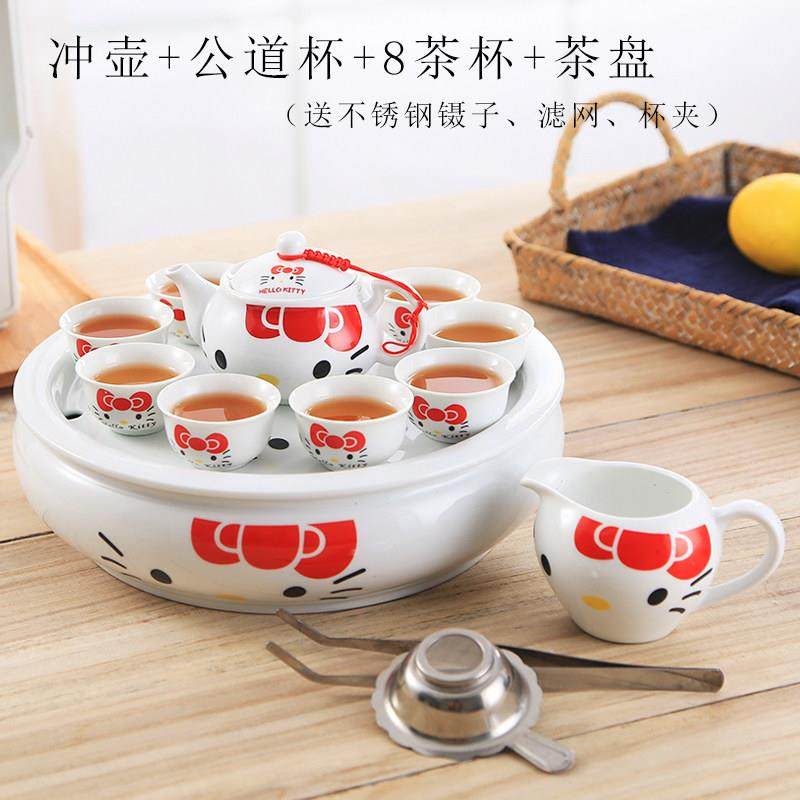 潮汕功夫茶具套装 kt猫陶瓷可爱卡通家用简约圆形茶盘茶杯幼儿园,餐饮具,功夫茶具,淘宝优惠券,粉丝福利购,淘宝优惠卷