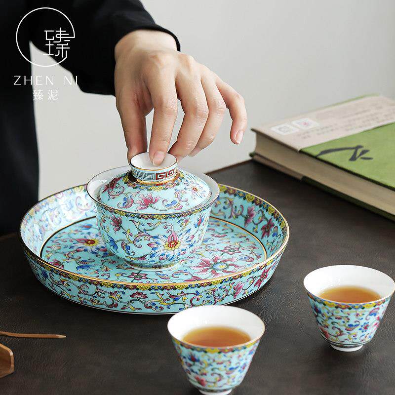 臻泥珐瑯彩干泡盘家用圆形陶瓷茶盘茶点水果盘功夫茶具茶壶垫托盘