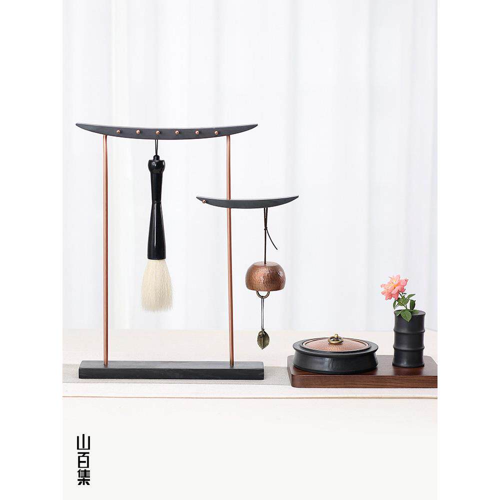 山白记笔挂徽因旋转笔架笔架实木纯铜笔架书斋四宝铜饰品