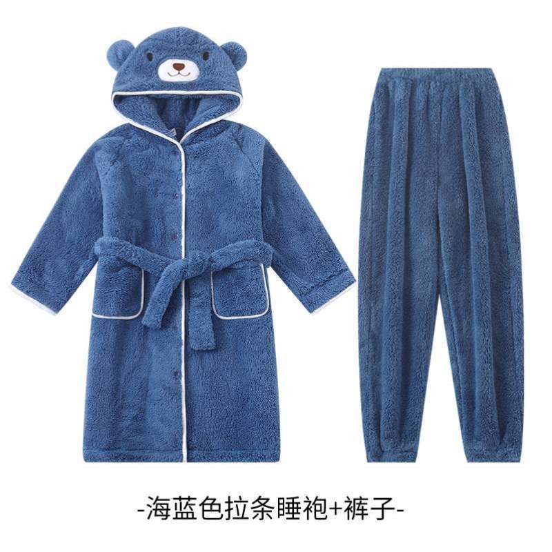 加厚女童冬天宝宝睡衣儿童家居服绒睡袍珊瑚秋加长U法兰绒男童浴