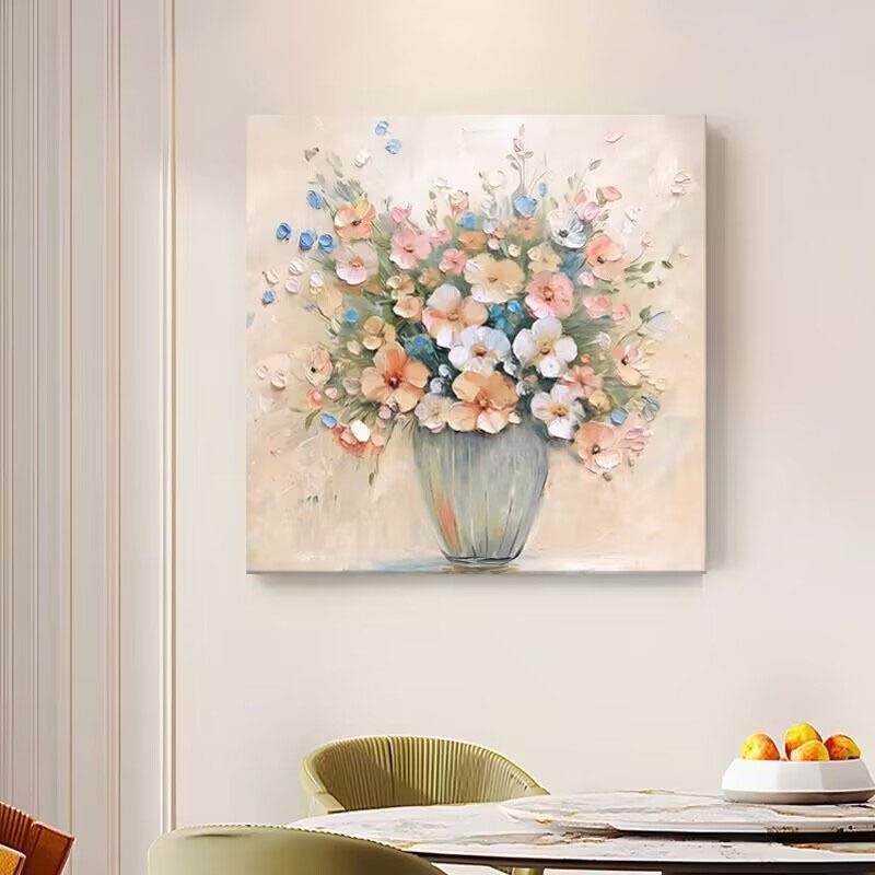 手绘油画花卉餐厅装饰画轻奢玄关客厅挂画方形花朵简约挂画无框画