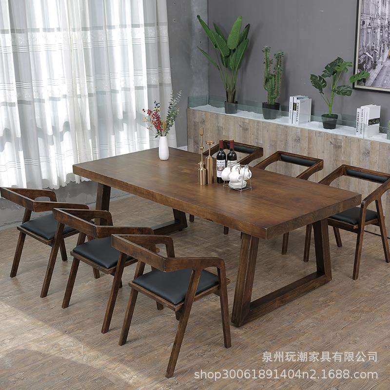 美式全实木餐桌家用客厅多人吃饭桌带椅子民宿原木长方形餐桌实木