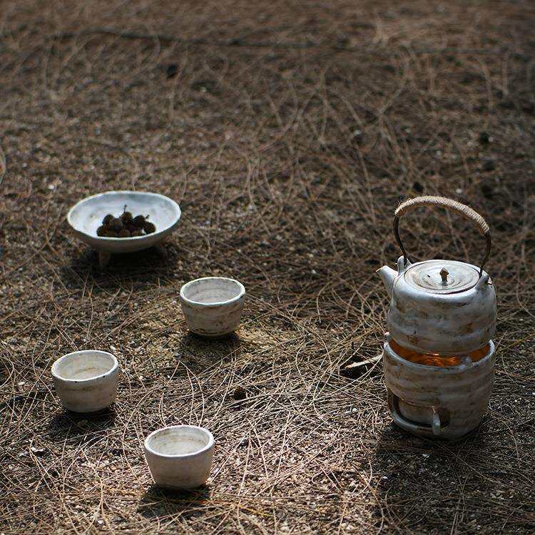 粗陶手作茶具套装 提梁壶温茶炉茶杯点心盘 创意民宿客栈茶器日用