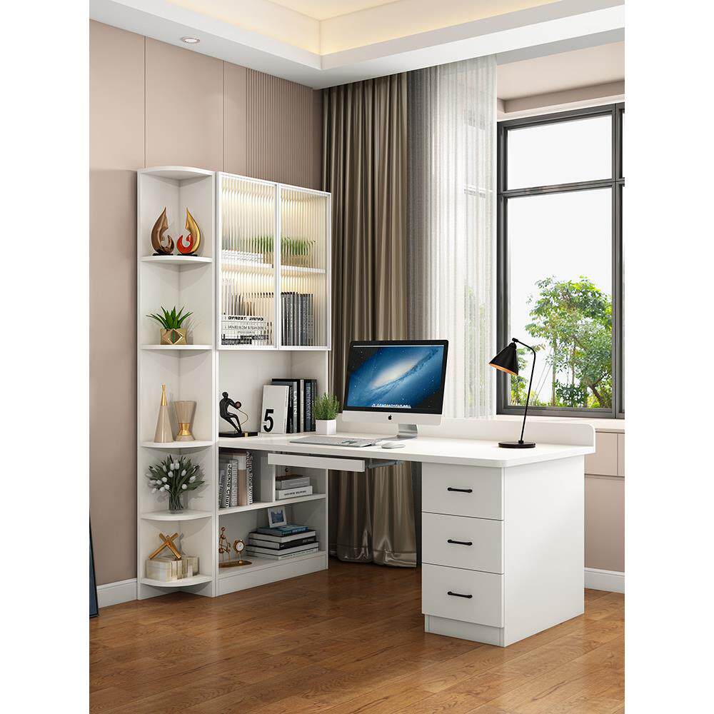 台式电脑桌带书柜实木转角书桌书架一体办公桌学生家用学习写字桌