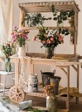 田园乡村复古落地家居推车木质花架置物架花店陈列展架多功能摆件