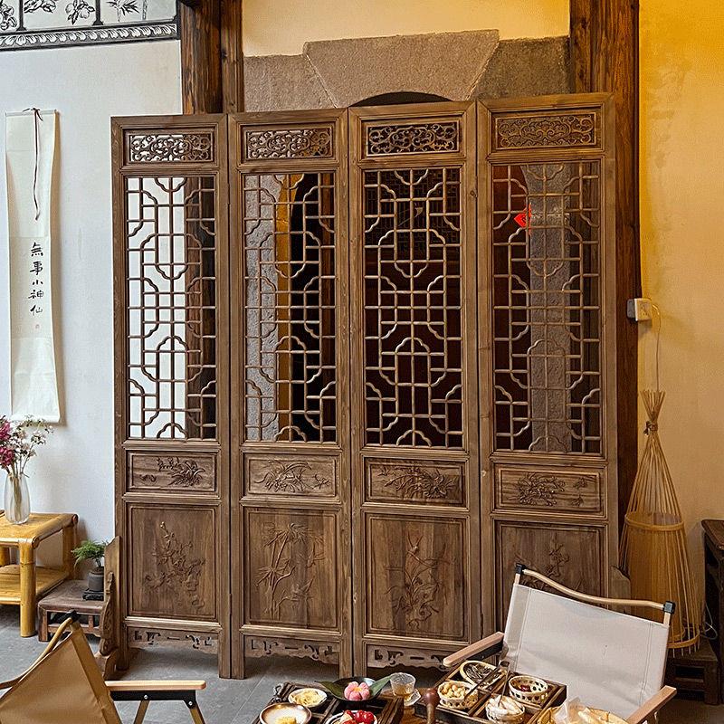 中式做旧屏风客厅实木隔断装饰可折叠移动仿古花格屏风办公室玄关