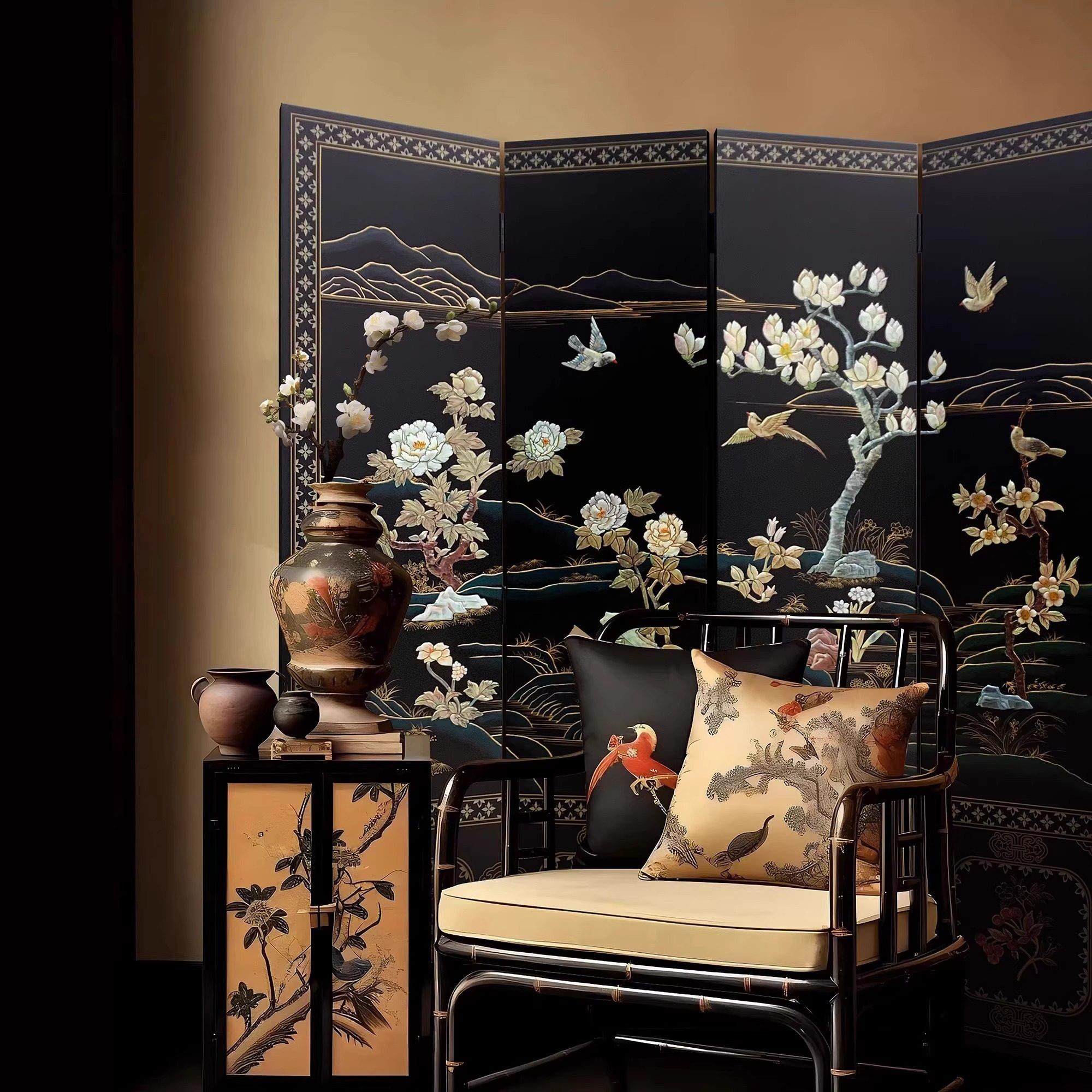 中式黑底覆古花鸟屏风漆画手绘移动折屏客厅卧室玄关隔断背景装饰