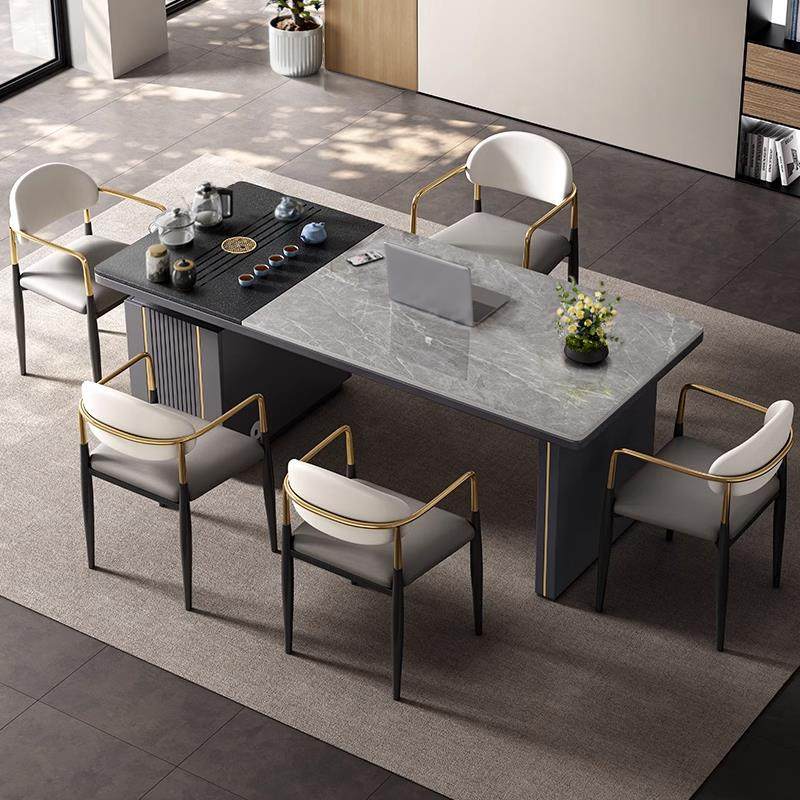 现代办公茶桌一体办公室轻奢岩板茶桌椅组合书桌两用办公桌带茶台