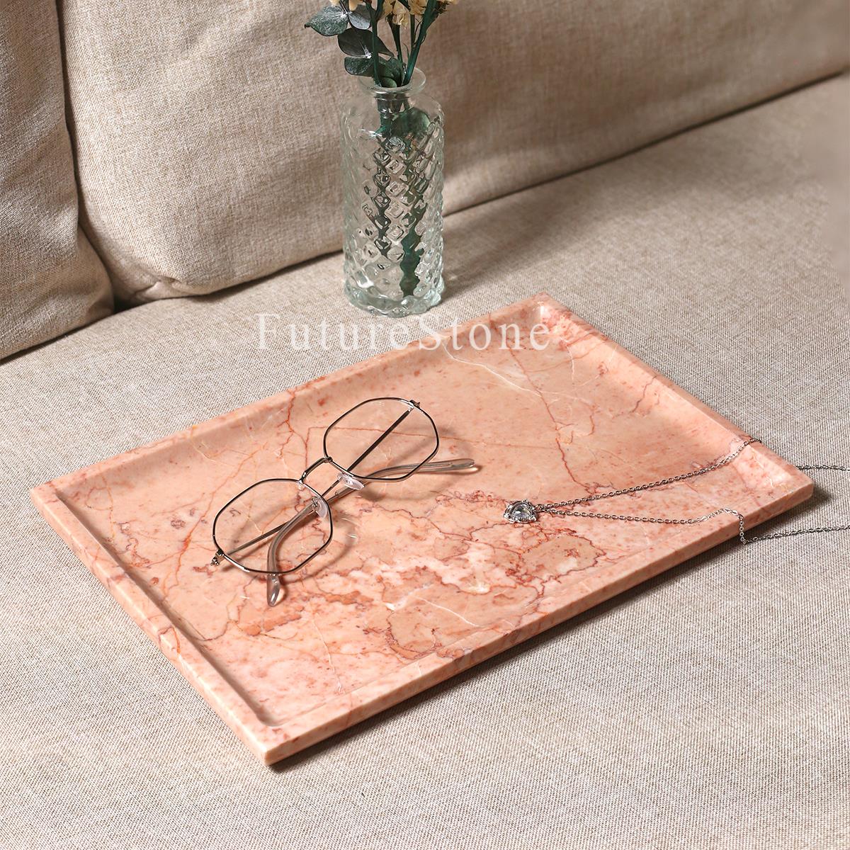 轻奢天然粉色大理石长方托盘浴室乳液瓶置物盘珠宝首饰戒指收纳