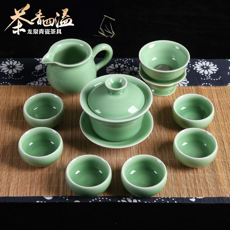 龙泉青瓷功夫茶具陶瓷哥窑西施壶冰裂纹梅子青办公室客厅套装新品