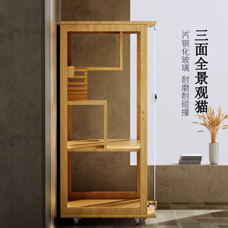 实木猫别墅超大全景防水豪华猫窝自由空间猫舍三层松木家用猫笼子