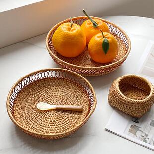 木质手工藤编收纳家用客厅干果点心糕点野餐果篮餐厅颜值托盘 日式