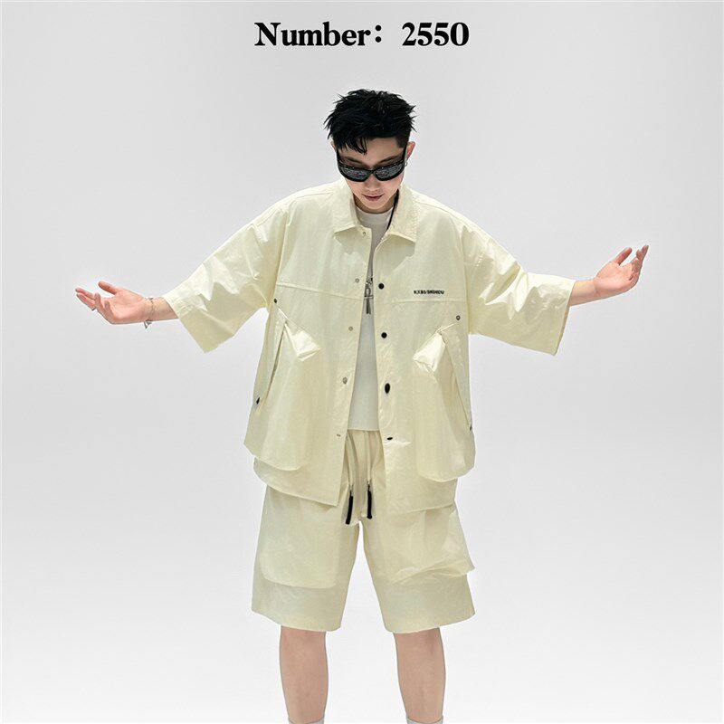 潮牌立体大口袋工装翻领短袖衬衣套装男2025夏季宽松休闲衬衫短裤,男装,时尚套装,淘宝优惠券,粉丝福利购,淘宝优惠卷