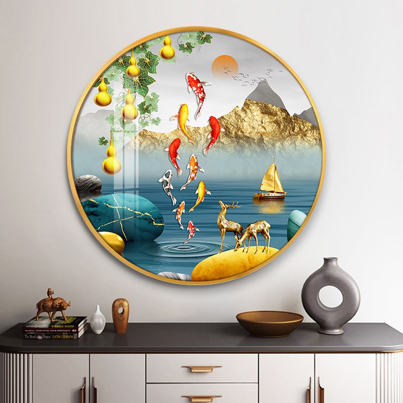 鱼图玄关装饰画酒店餐厅过道走廊尽头圆形挂画客厅V招财聚财壁画图片