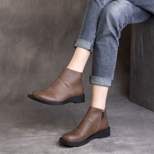 2021春季新款复古真皮侧拉链英伦风短靴马丁靴平跟靴春秋单靴