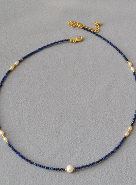 韩国小众设计刻面青金石串珠淡水米粒小珍珠极细简约气质短款项链