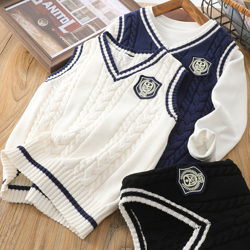 高级纯棉-儿童马甲背心男孩春秋薄款男童针织V领背心学生外穿坎肩