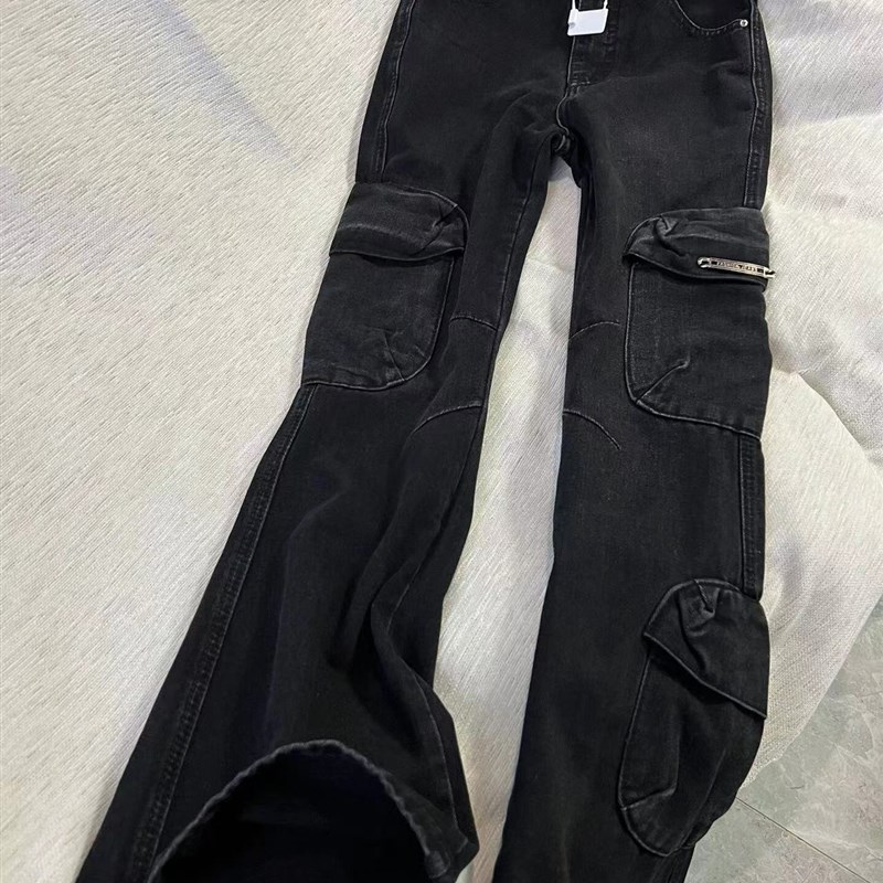 春秋新款高阶重磅街头休闲工装裤子复古水洗做旧微喇叭牛仔裤女潮