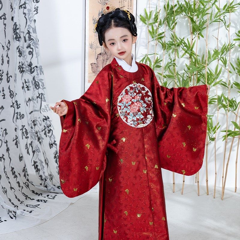2025新款女童汉服织金明制圆领袍立领补服演出重工绣花送假领公主