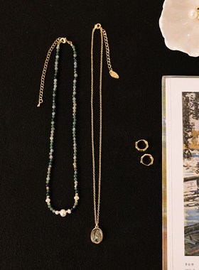 非常好看 法式小众天然石珍珠细串珠项链鲍贝椭圆吊坠叠戴项链潮