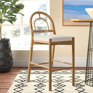 北欧创意实木吧椅中古轻奢绳编餐椅民宿酒店休闲靠背椅复古高脚凳