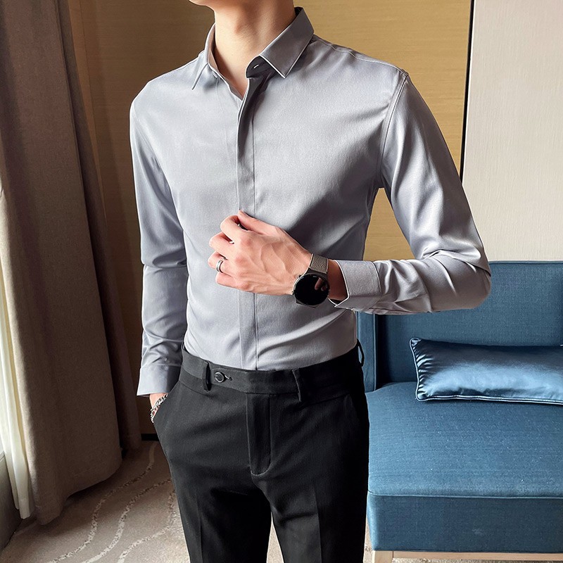 2021新款 英伦胸前暗门襟纯色免烫抗皱衬衣男士青年修身长袖衬衫