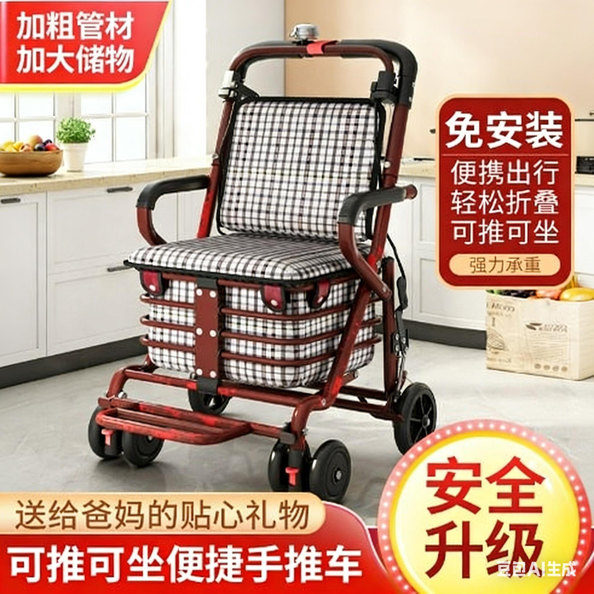 老人手推车可坐折叠代步助力购物小推车老年四轮防摔可推小轮椅子