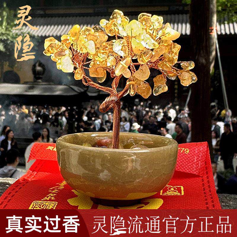 杭州灵隐天然黄水晶发财树聚宝盆招财好运摆件办公桌平安汽车饰品